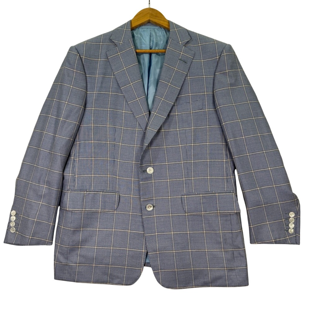 Leonard Logsdail Bespoke Men's 42S Blue Houndstooth Wool Silk Sport Coat Custom